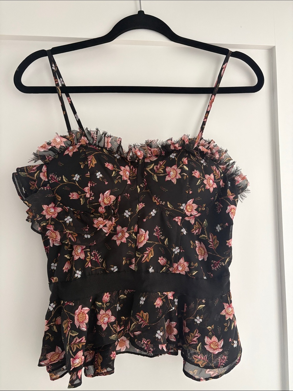 Black Floral Ruffle Cami Top with Pink Flowers